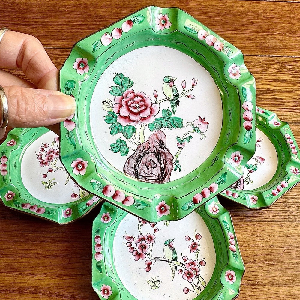 VTG Asian Bird Dish Set Of 4 Ashtray Enamel Copper Cherry Blossom Floral Canton